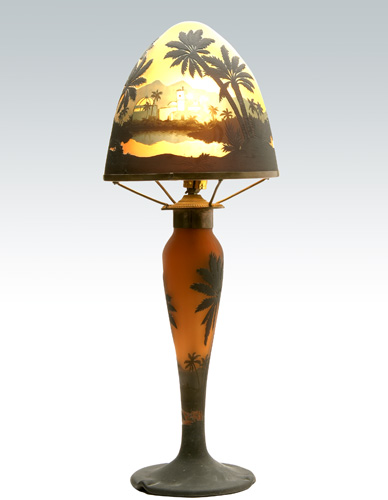 Appraisal: MULLER FRERES Cameo scenic table lamp the bullet shaped-shade and