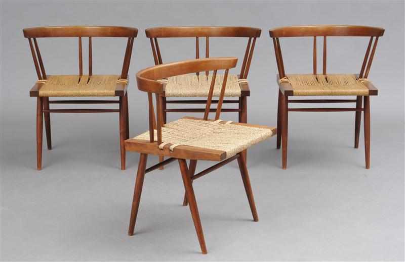 Appraisal: ATTRIBUTED TO GEORGE NAKASHIMA FOUR WALNUT GRASS SEAT DINING CHAIRS