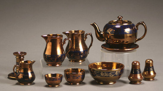 Appraisal: Group of Fifteen English Copper Lustre and Cobalt Blue Glazed