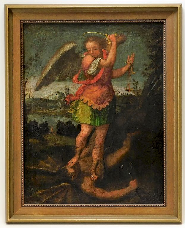 Appraisal: C Archangel Religious Old Master Painting Europe th Century Depicts