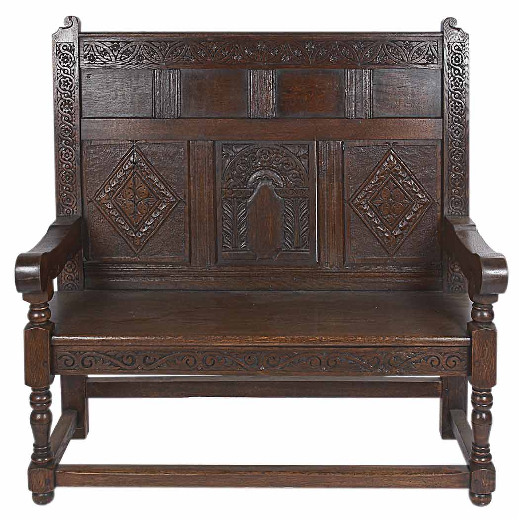 Appraisal: Gothic Style Carved Oak Hall Bench th Century The straight