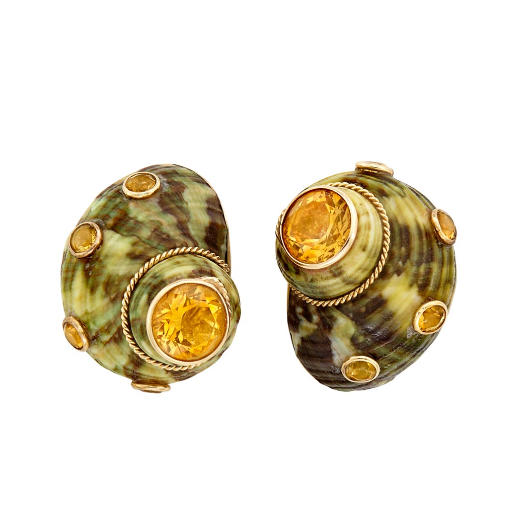 Appraisal: Pair of Gold Green Shell and Citrine Earclips Maz kt