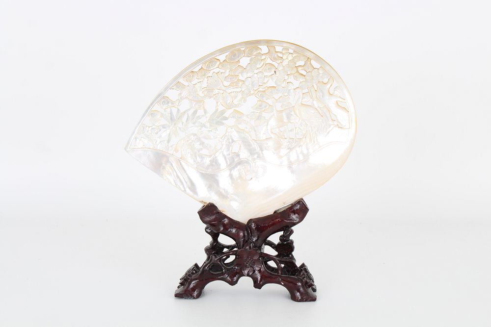 Appraisal: Chinese Mother of Pearl Carving on Wooden Stand Chinese Mother