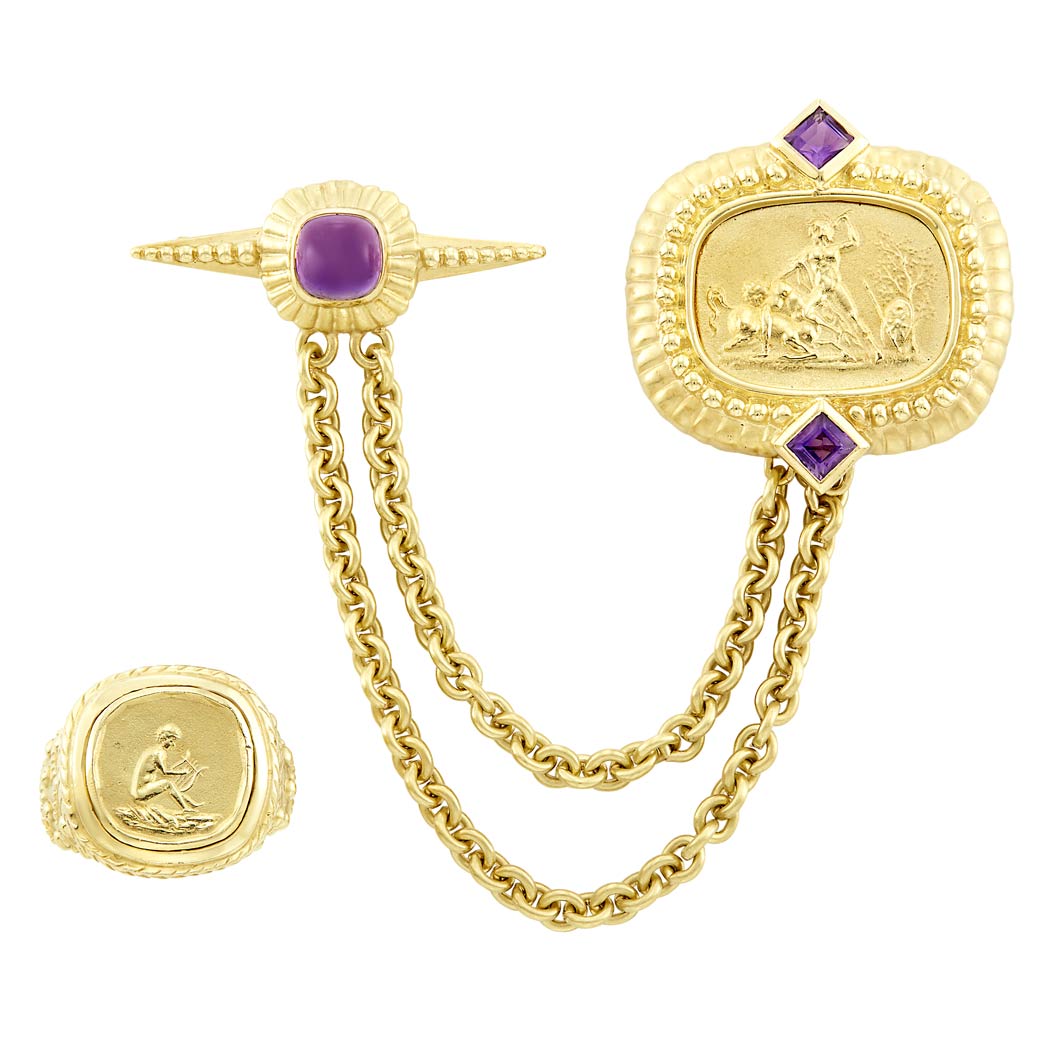 Appraisal: Group of Gold and Amethyst Jewelry kt signed Raafty ap