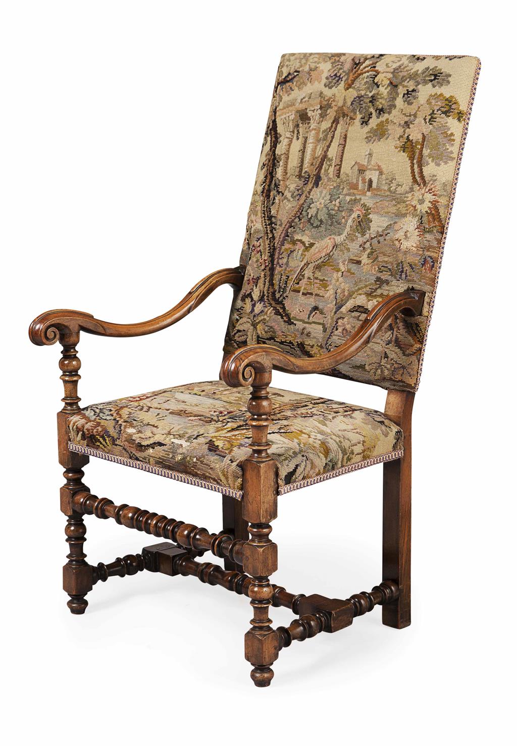 Appraisal: WILLIAM MARY STYLE BEECH ARMCHAIR TH CENTURY the upright rectangular