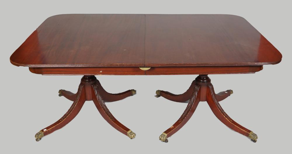 Appraisal: REGENCY STYLE MAHOGANY DINING TABLE double pedestal dining table ornamented