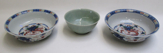 Appraisal: THREE CHINESE PORCELAIN BOWLS the first two of Wucai dragon