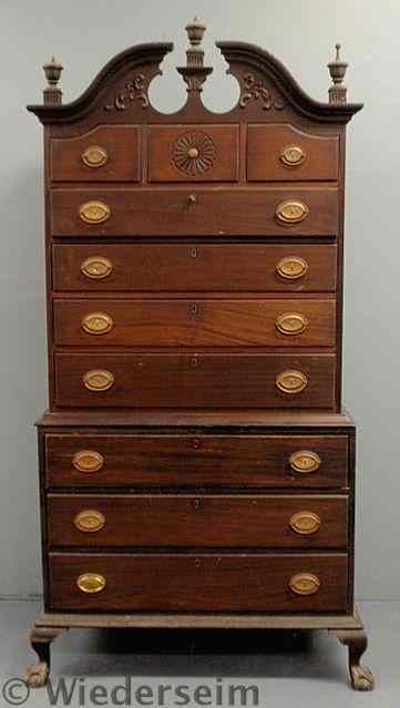 Appraisal: Chippendale style mahogany two-part chest on chest with a broken