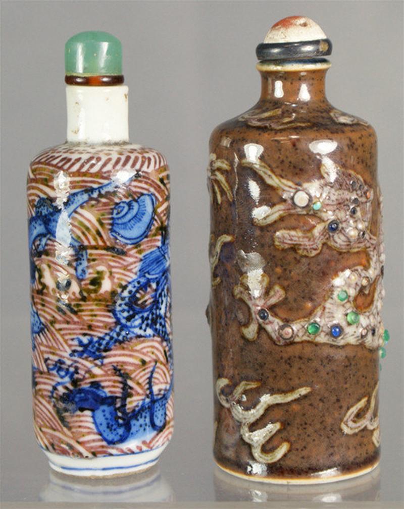 Appraisal: porcelain snuff bottles one taupe with raised dragon seeking flaming