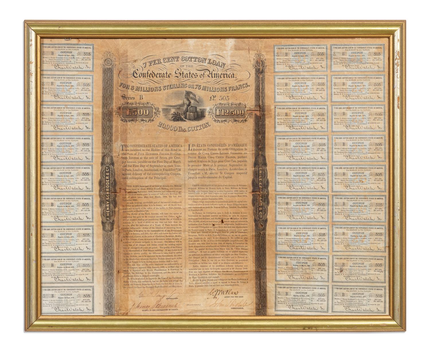 Appraisal: FRAMED CONFEDERATE STATES OF AMERICAN COTTON BOND Confederate States of