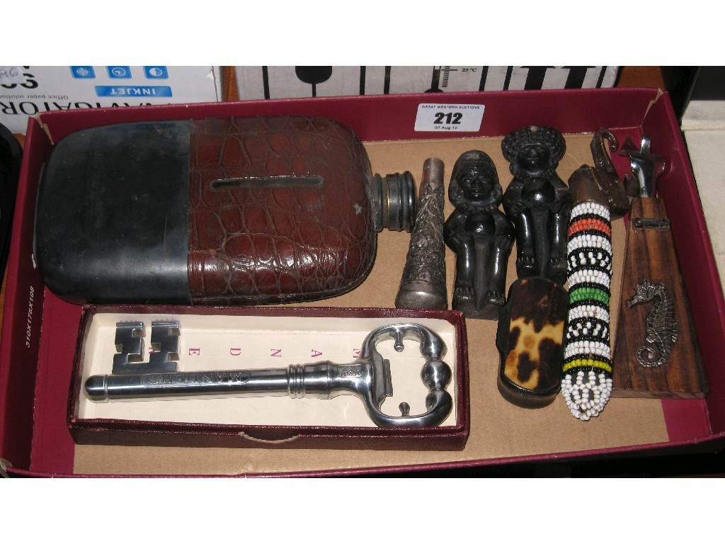 Appraisal: Lot comprising spirit flask assorted corkscrews and bottle openers