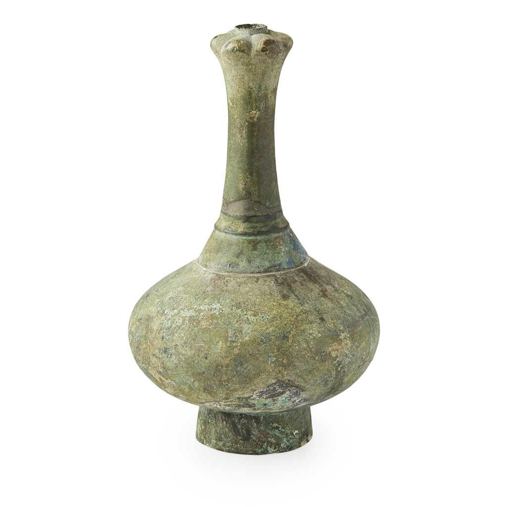 Appraisal: KOREAN BRONZE BOTTLE the compressed globular body supported on a