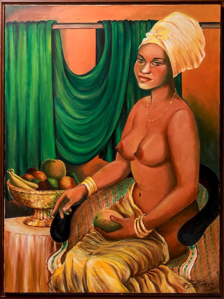 Appraisal: Miguel Ordoqui Woman with Fruit Contemporary Oil Miguel Ordoqui Cuban