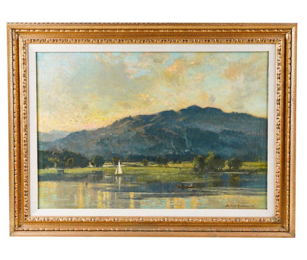 Appraisal: BERTRAM WALTER PRIESTMAN LAKESIDE SAIL BOATS oil on canvas signed