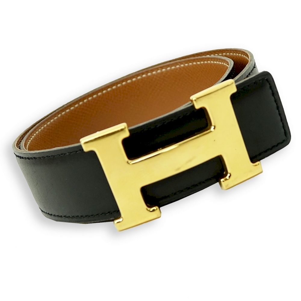 Appraisal: Hermes Black Clemence Leather H Belt Hermes Black Clemence Leather