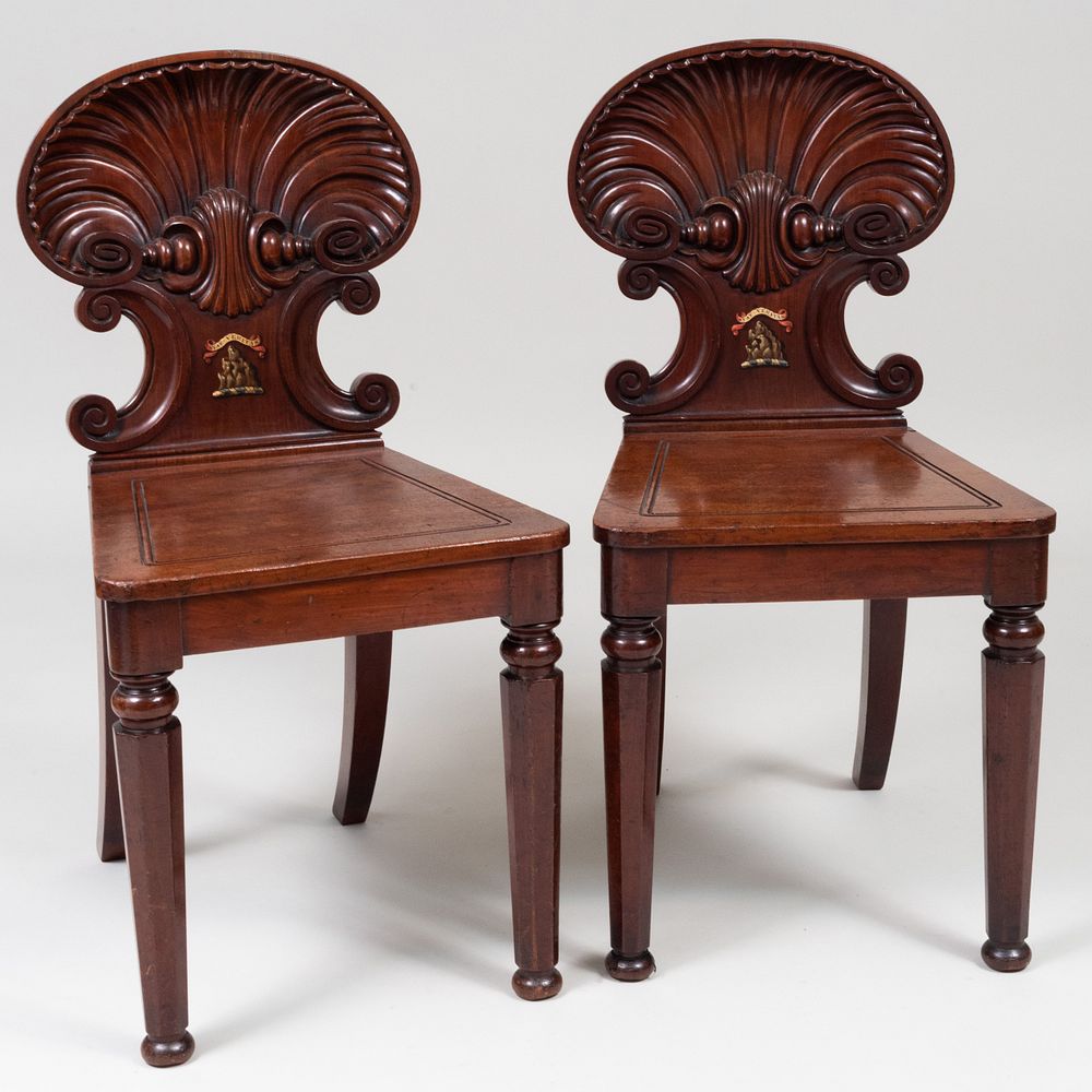 Appraisal: Pair of Late Regency Carved Mahogany Hall Chairs x x