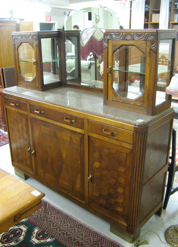 Appraisal: OAK AND PARQUETRY SIDEBOARD Belgian c 's The inset marble