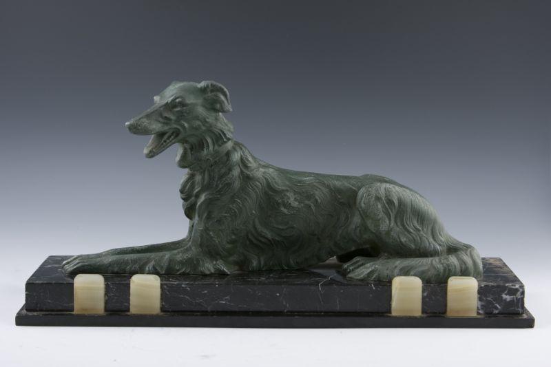 Appraisal: Art Deco Borzoi Bronze-Tone Sculpture on marble base applied green