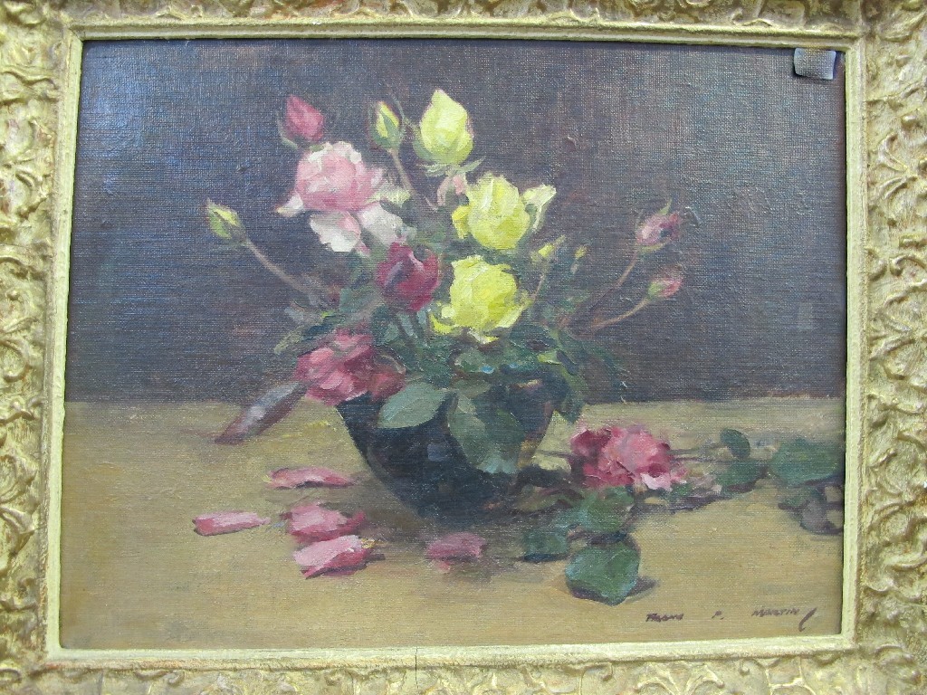 Appraisal: FRANC P MARTIN Oil on board 'Roses' signed recto and