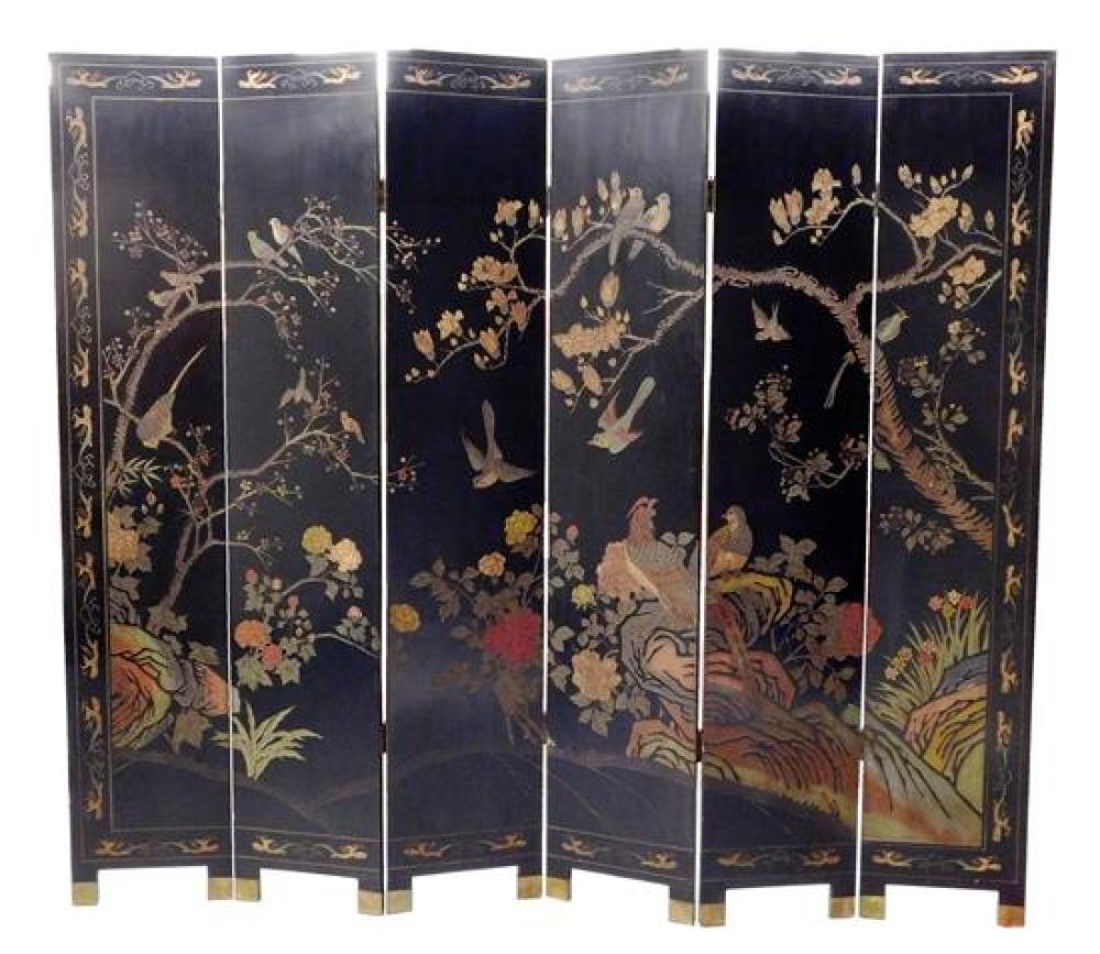 Appraisal: ASIAN Six panel double sided floor screen laquered wood with