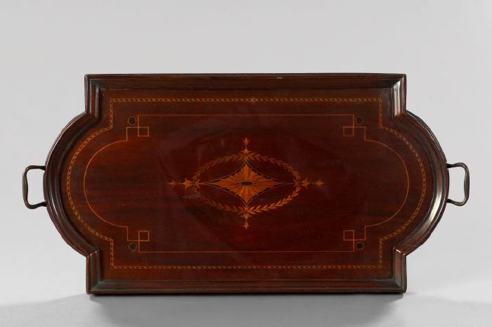 Appraisal: Attractive Orinco Bronze-Patinated Brass-Mounted Inlaid Mahogany Tray first quarter th