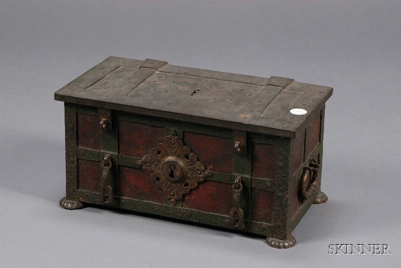 Appraisal: Mediaeval-style Wrought Iron Strong Box rectangular with overall strapwork side