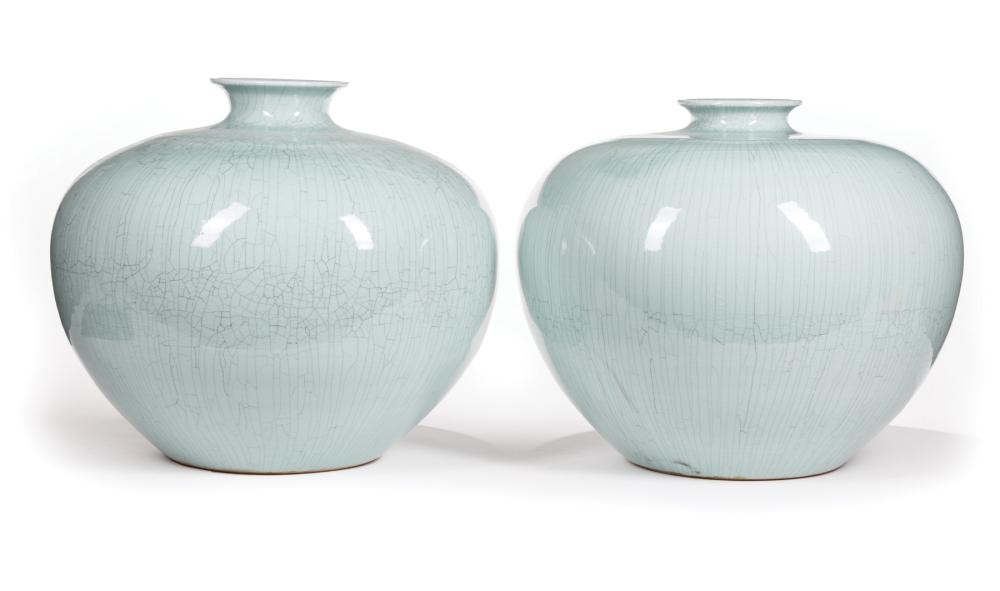 Appraisal: Pair of Chinese Guan-Style Porcelain Globular Vases overall pale blue