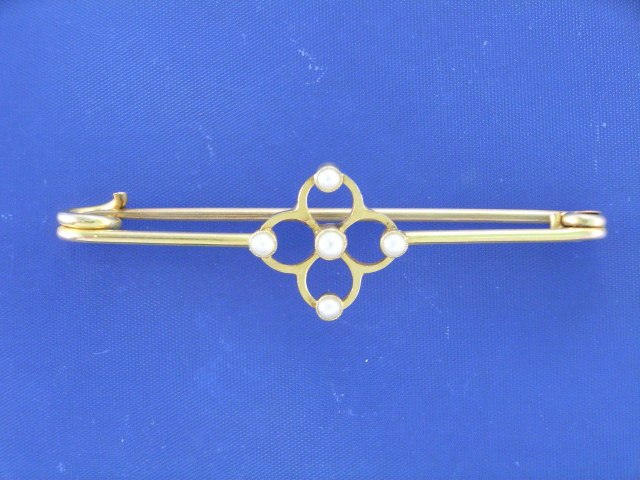 Appraisal: A ct gold five seed pearl bar brooch length mm