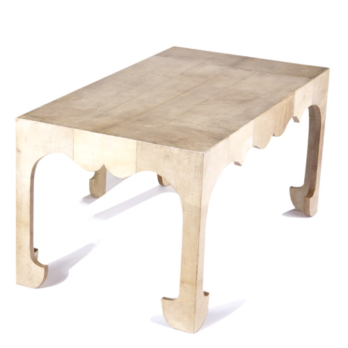 Appraisal: STYLE OF JEAN-MICHEL FRANK Parchment-covered oak coffee table x x