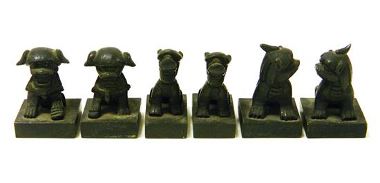 Appraisal: ASIAN six bronze figural chops or seals seated foo dogs