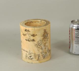 Appraisal: Chinese Ivory Brush Pot W Incised Scene Chinese ivory brush