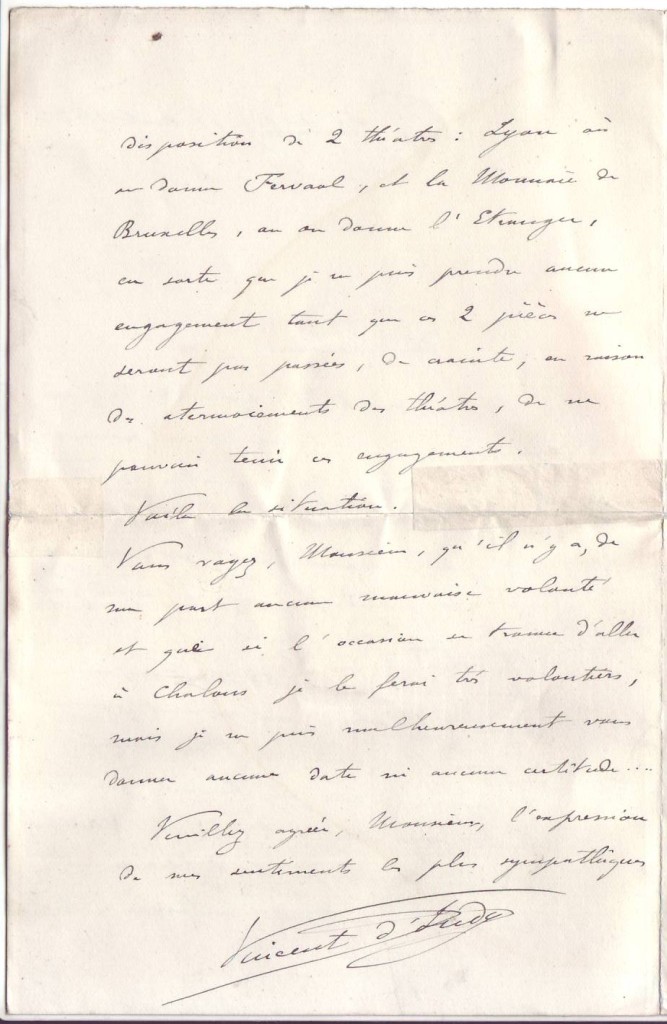 Appraisal: INDY VINCENT DE Autograph Letter Signed to Mr M ller