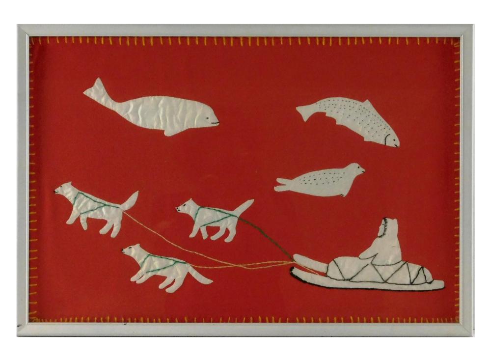 Appraisal: Inuit fabric applique art red background white figures including whale