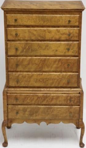 Appraisal: TH CENTURY MINIATURE HIGHBOY BIRDS EYE MAPLE DRAWERS CARVED QUEEN