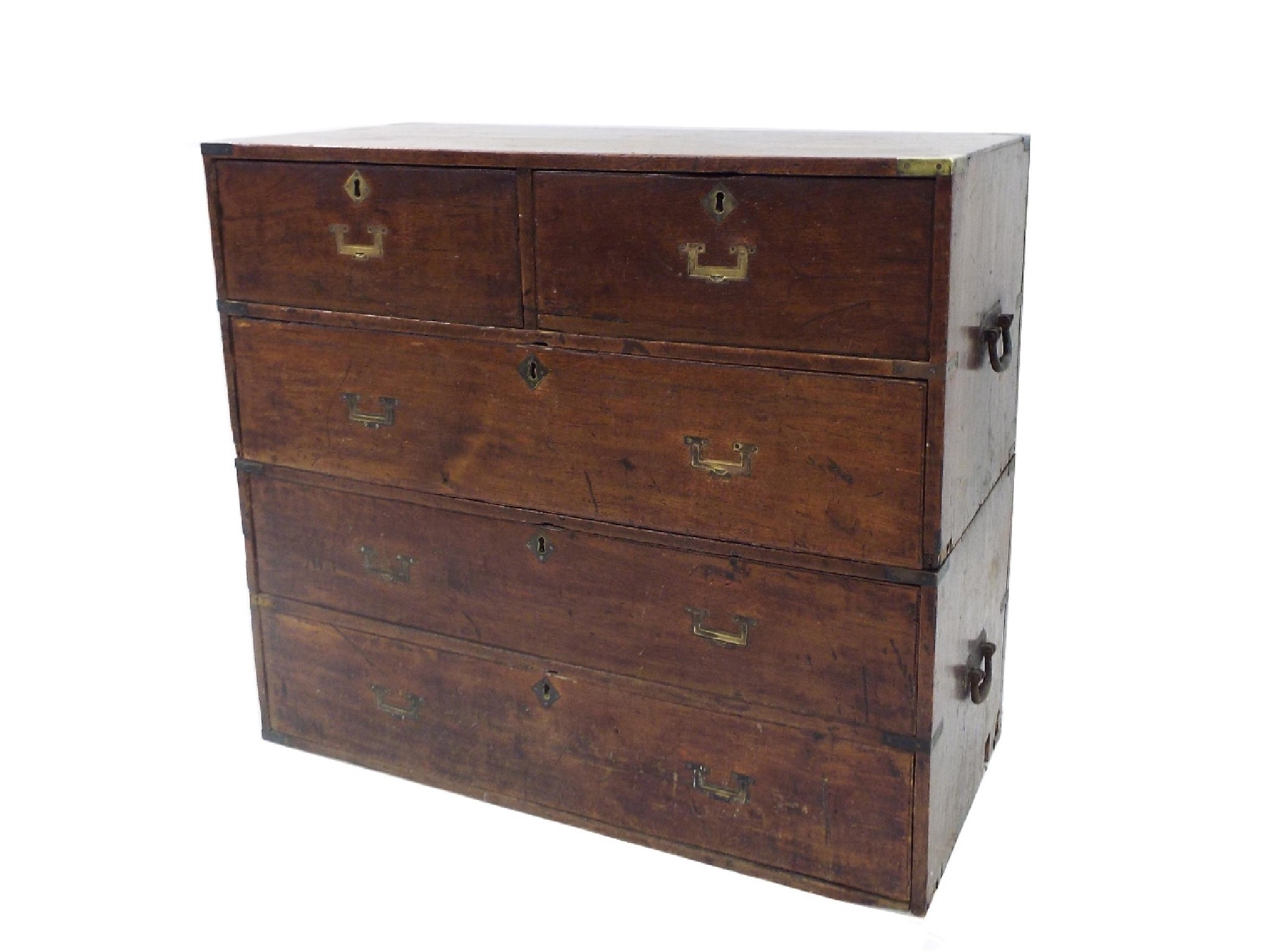 Appraisal: th century teak campaign chest fitted with two short over