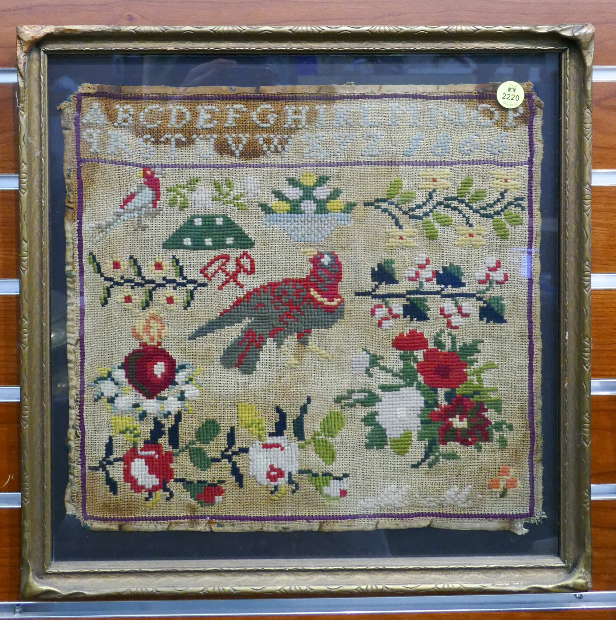 Appraisal: Antique Needlework Bird Flower Sampler Framed- x ''