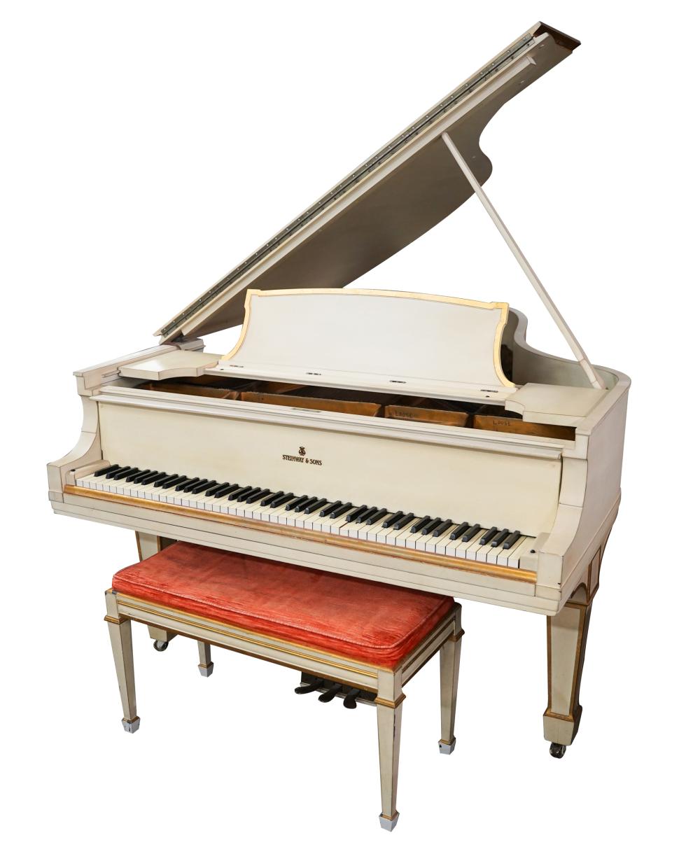 Appraisal: WHITE PAINTED STEINWAY GRAND PIANO AND BENCH serial number with