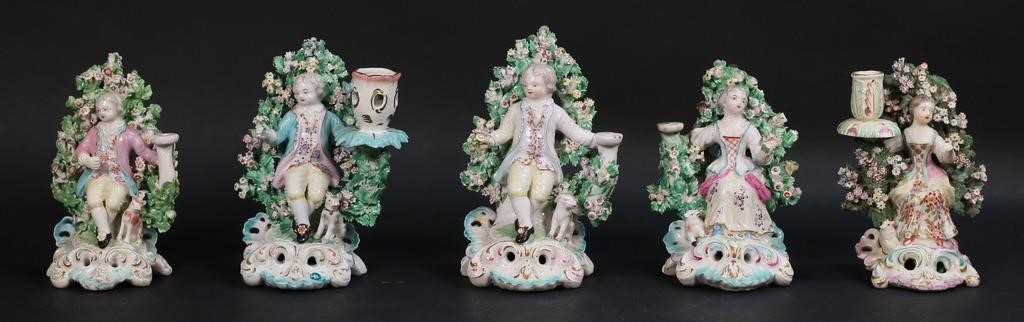 Appraisal: CHELSEA DERBY BOCAGE PORCELAIN CANDLESTICKS Chelsea or Derby style figural