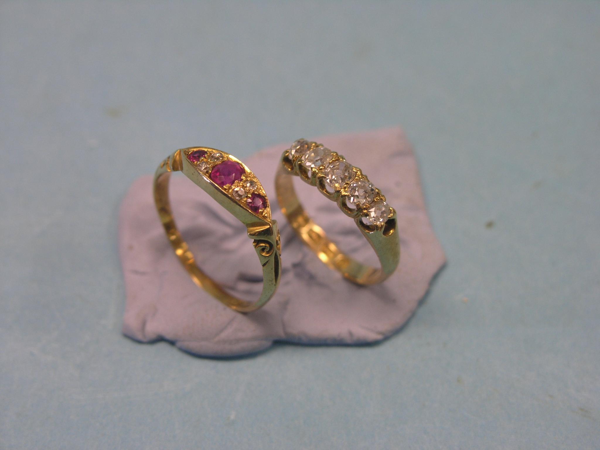 Appraisal: Two ct gold rings five-stone diamond half-hoop diamond and ruby