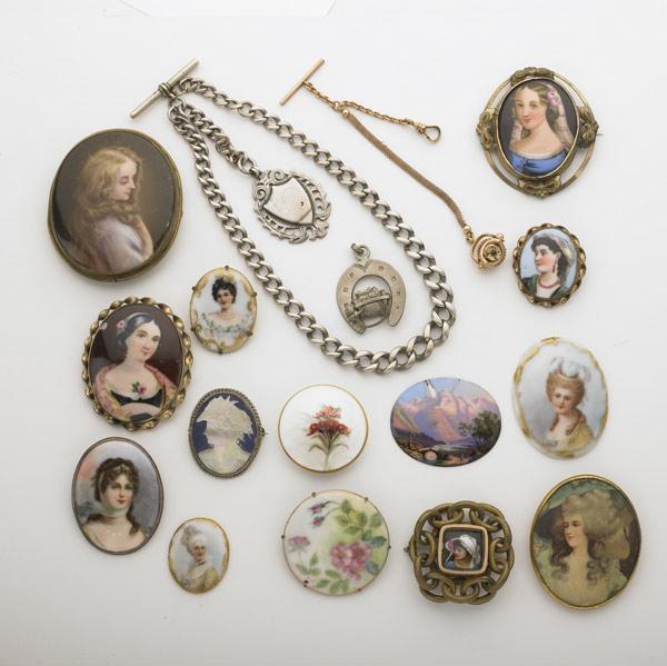 Appraisal: PORTRAITS OR MINIATURES AND THREE FOBS Thirteen pieces including Limoges