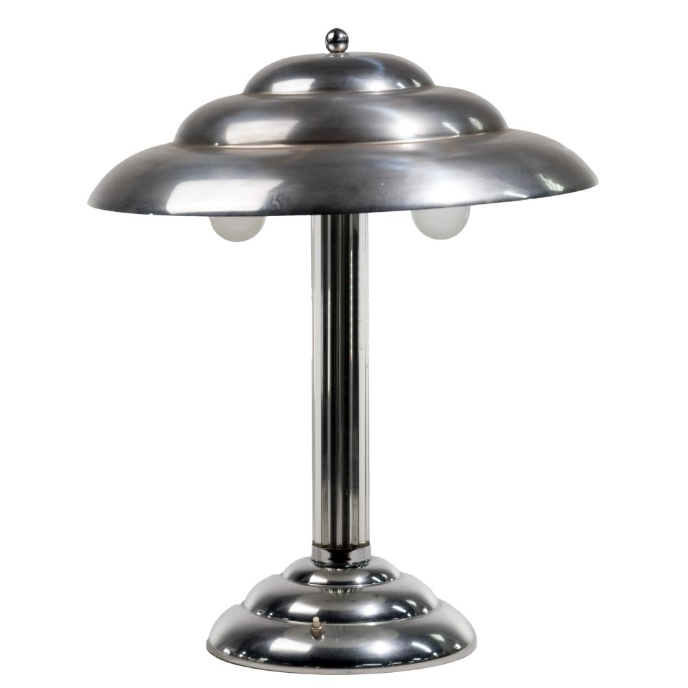 Appraisal: MID-CENTURY STYLE CHROME TABLE LAMPHaving triple-tiered chromed metal base cylindrical