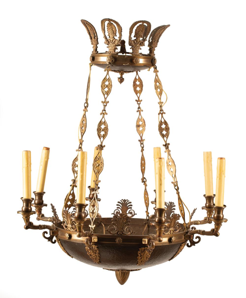 Appraisal: Empire-Style Eight-Light Chandelier foliate mounts bell with hammered surface h