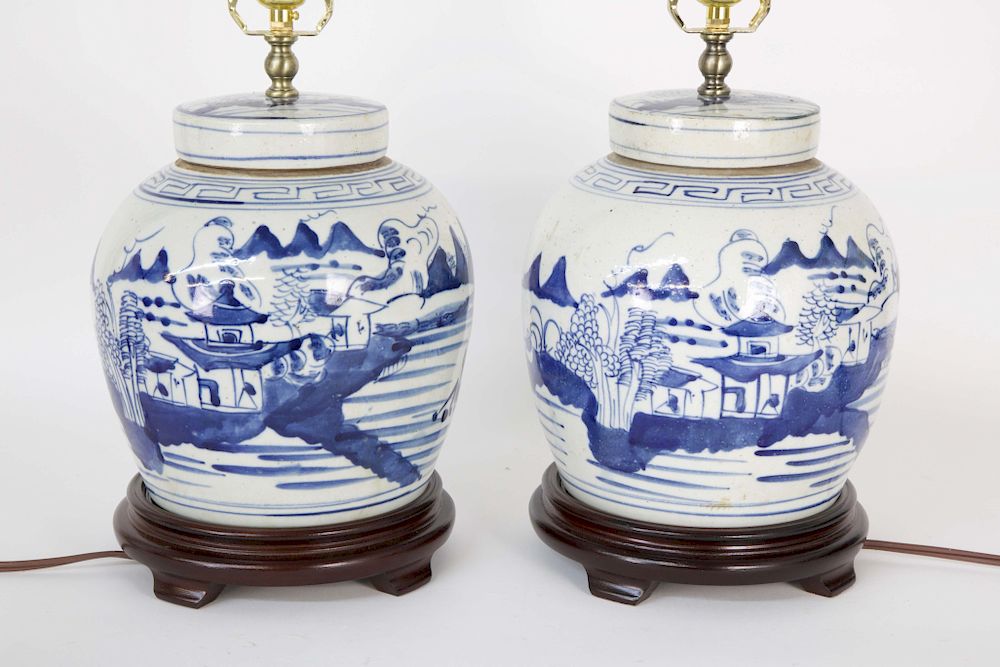 Appraisal: Pair of Blue and White Canton Style Covered Ginger Jar