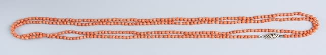 Appraisal: vintage coral necklace Each bead mm With sterling silver filigree