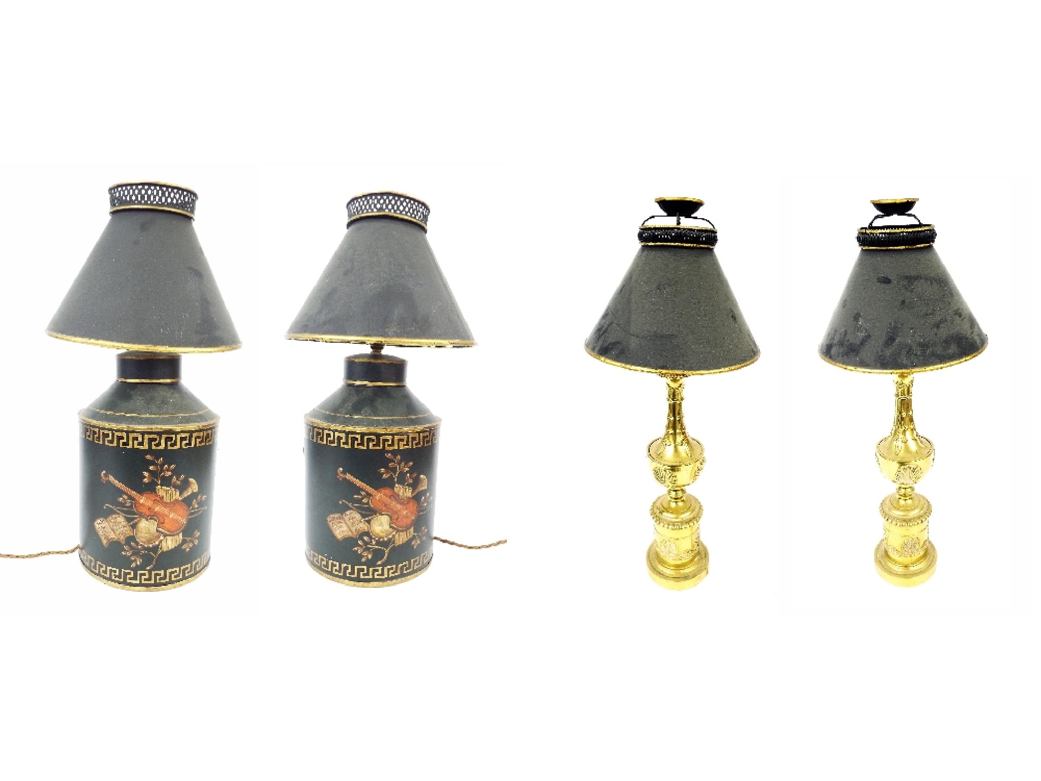 Appraisal: Pair of decorative Tole Ware lamps each decorated with musical