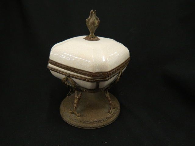 Appraisal: Deco Dresser Box white pottery in bronzed stand tall excellent