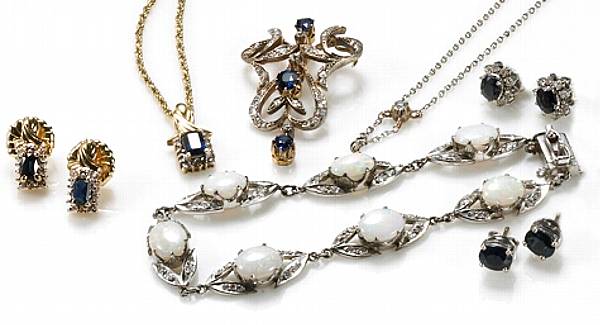 Appraisal: A collection of sapphire diamond opal gem-set and metal jewelry