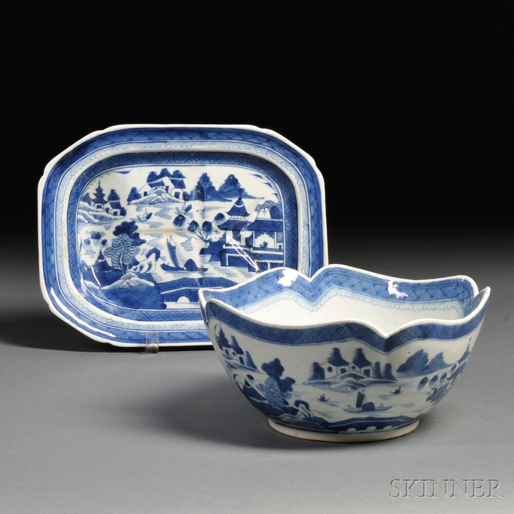 Appraisal: Blue and White Canton Cut-corner Porcelain Bowl and a Small