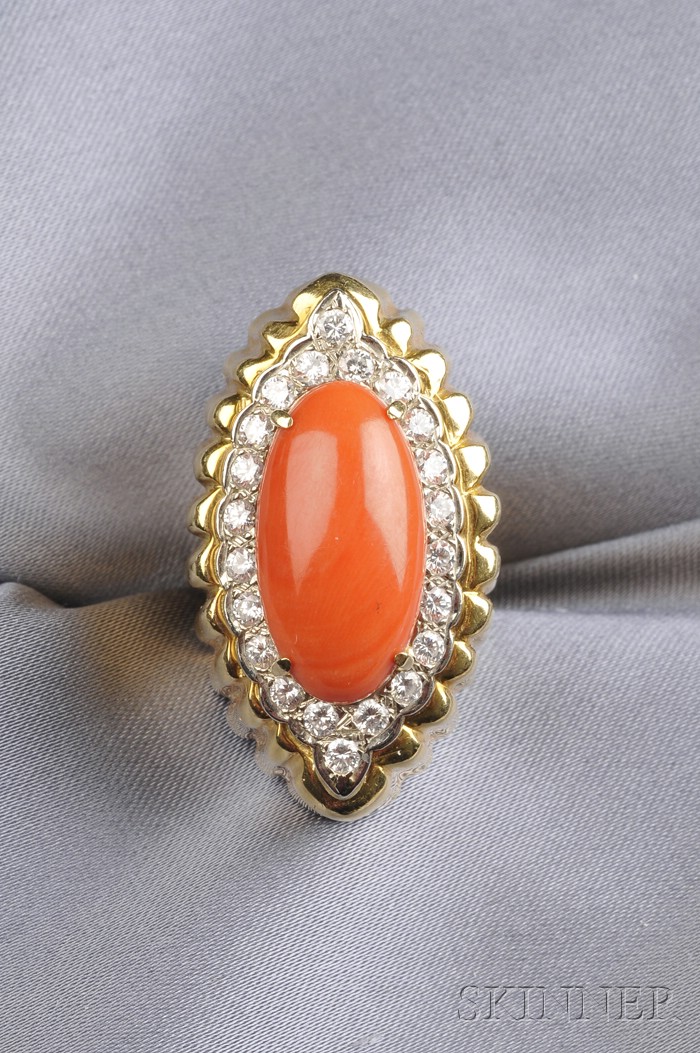 Appraisal: kt Gold Coral and Diamond Ring the navette-shaped fluted mounting