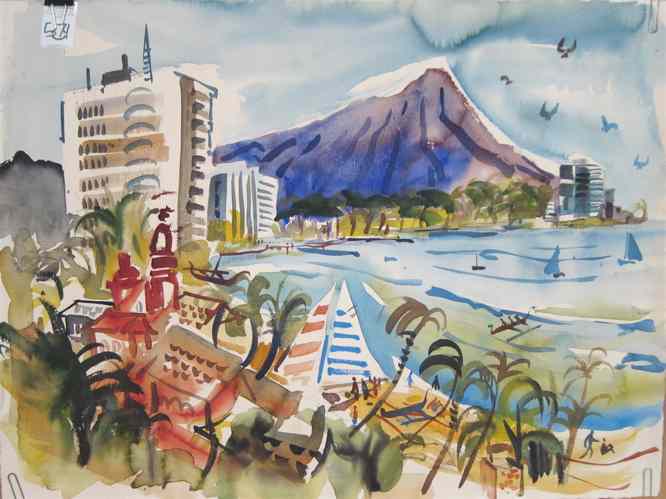 Appraisal: JOHN WADDINGHAM WATERCOLOR ON PAPER Oregon - ''Waikiki '' Image